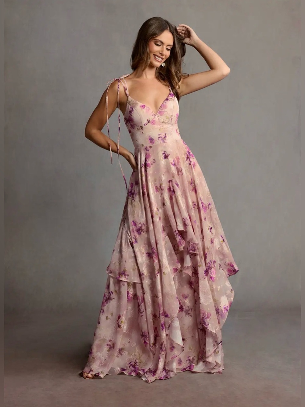 Azazie Harmony Mauve Floral Tiered Maxi Dress with Tie Straps